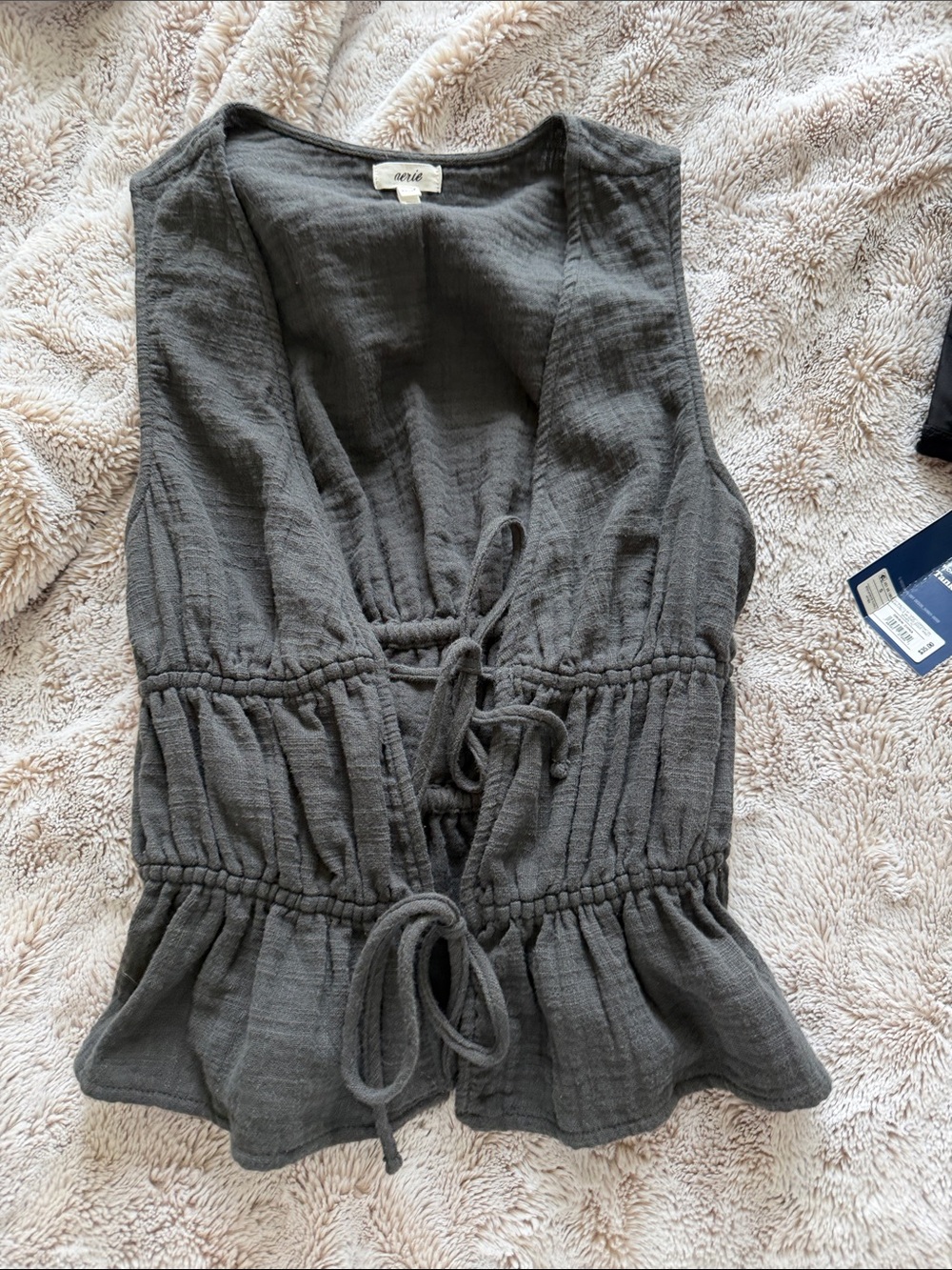 aerie charcoal gray sleeveless tie-front peplum top